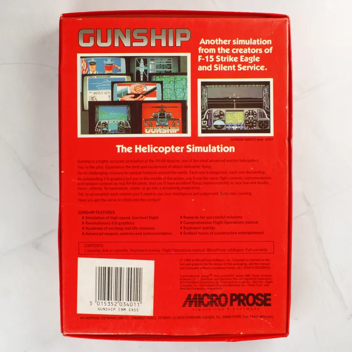 A Gunship videójáték dobozának hátoldala leírással és képernyőképekkel