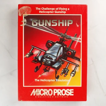 A Gunship videójáték piros dobozának előlapja egy harci helikopterrel