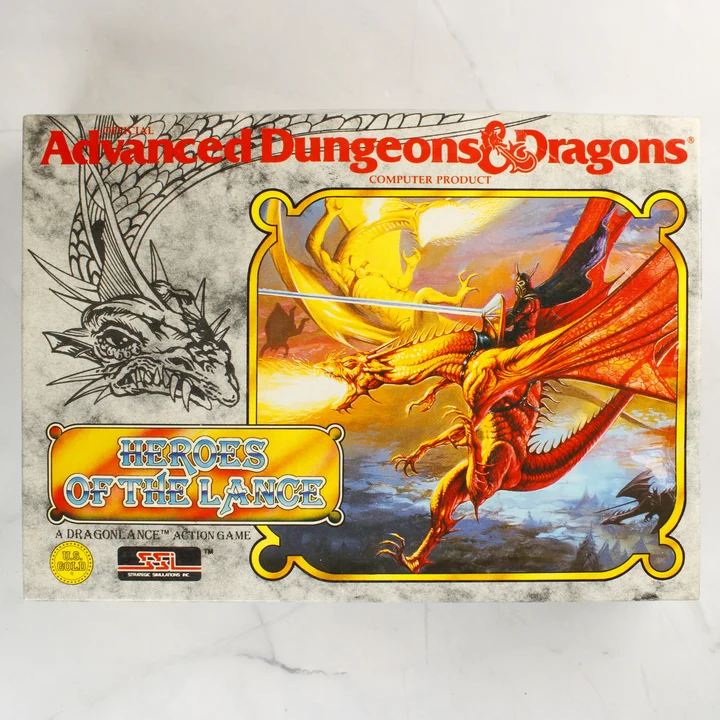 Az Advanced Dungeons & Dragons Heroes of the Lance játék dobozának eleje sárkányos grafikával