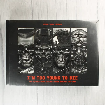 Az I'm Too Young To Die könyv előlapja fekete alapon vörös felirattal és négy grafikával.