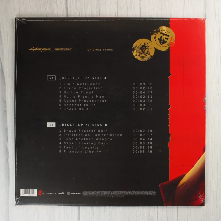 Cyberpunk 2077 Phantom Liberty bakelit lemez hátoldala számlistával