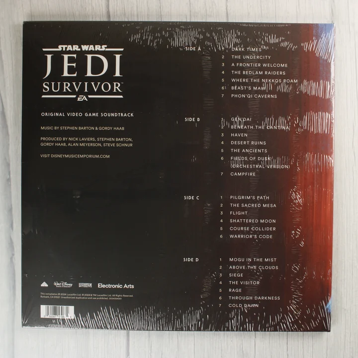 Star Wars Jedi Survivor videójáték soundtrack bakelit lemez hátoldala számlistával