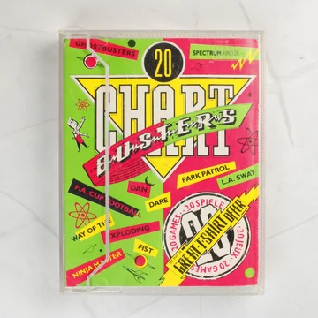 A 20 Chartbusters ZX Spectrum játékgyűjtemény elülső borítója színes grafikával.