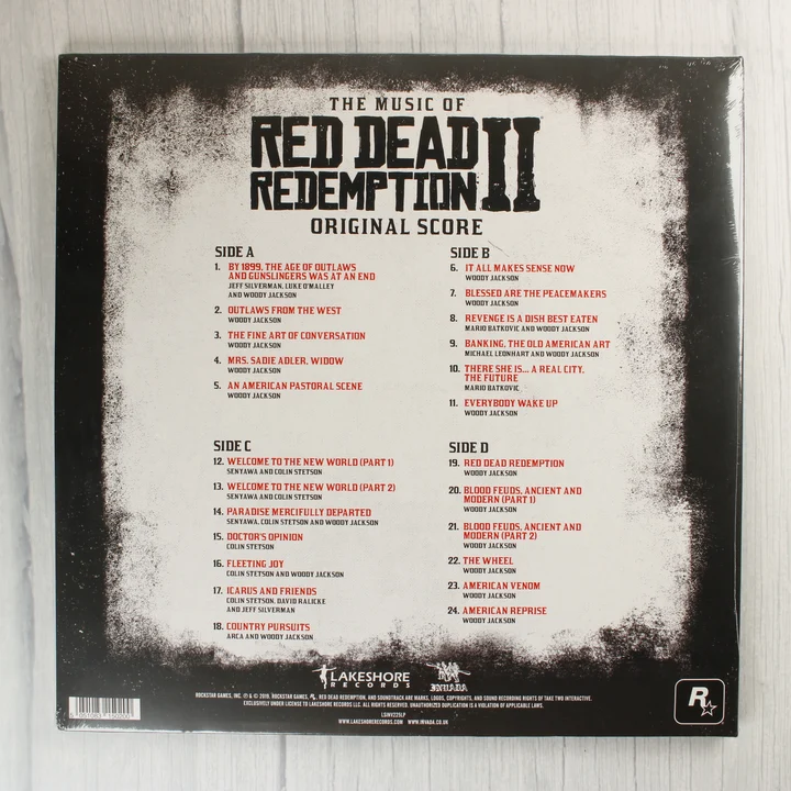 The Music of Red Dead Redemption II Original Score bakelit lemez hátlapja a számlistával