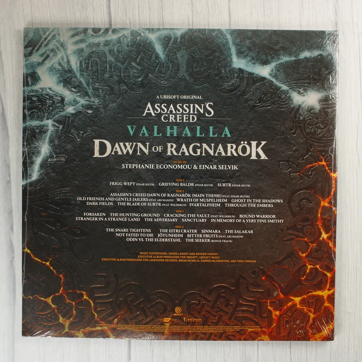 Assassin's Creed Valhalla Dawn of Ragnarök bakelit lemez hátoldala számlistával