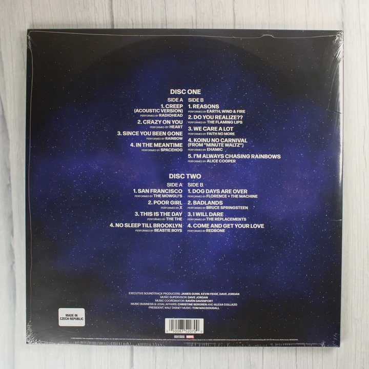 A Guardians of the Galaxy Vol. 3 filmzene bakelit lemezének hátoldala a számlistával