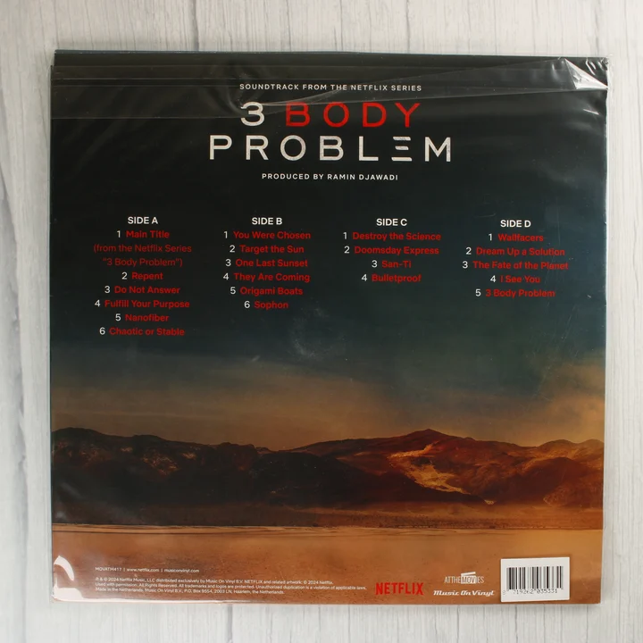 A 3 Body Problem bakelit lemez hátsó borítója a számlistával