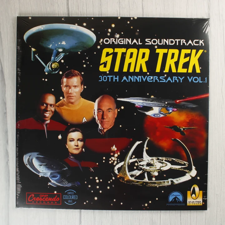 Star Trek 30th Anniversary Vol.1 bakelit lemez borítója kapitányokkal és űrhajókkal