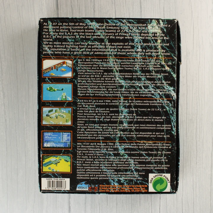 A Sabre Team Amiga játék dobozának hátoldala leírásokkal és képernyőfotókkal