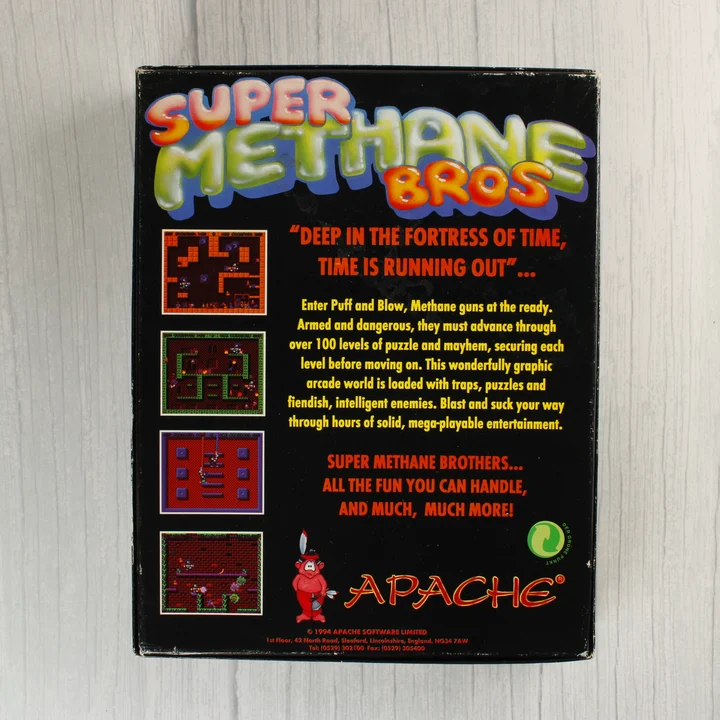 Super Methane Bros Amiga játék dobozának hátoldala