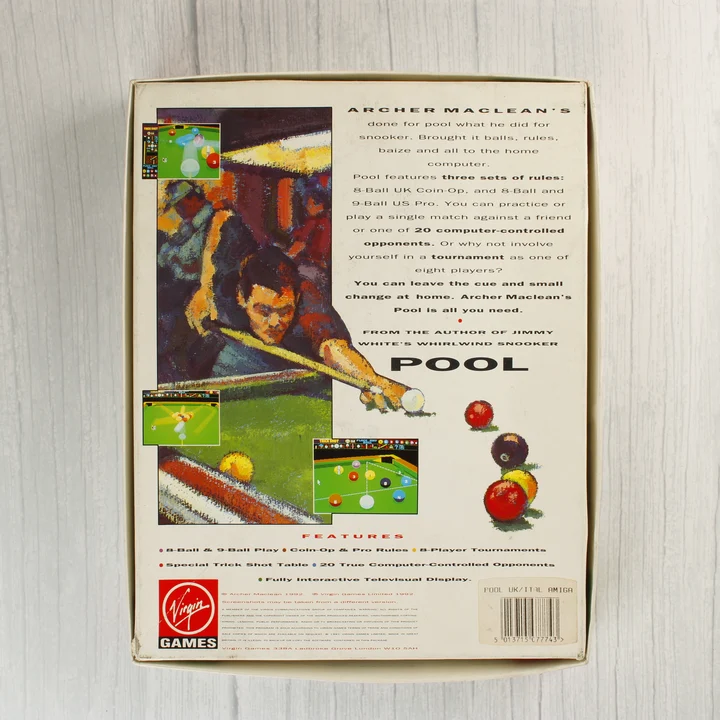 Archer Maclean's Pool Amiga játék dobozának hátoldala