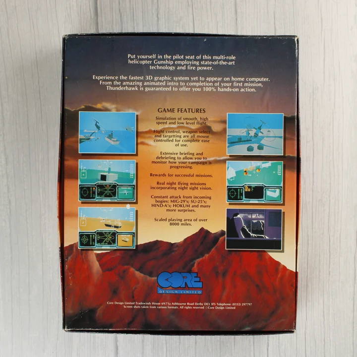 Thunderhawk AH-73M hátoldal Thunderhawk AH-73M Amiga játék dobozának hátoldala