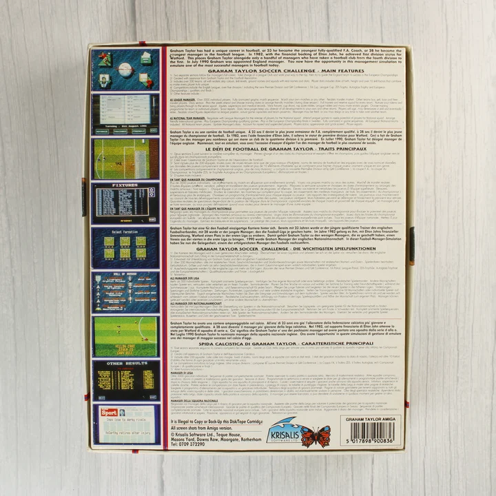 Graham Taylor's Soccer Challenge Amiga játék dobozának hátoldala