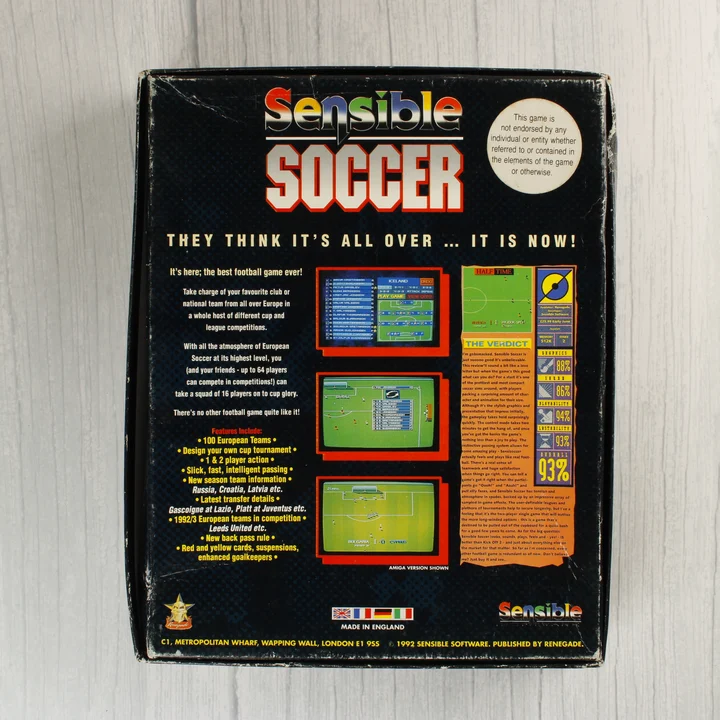 Sensible Soccer Amiga játék dobozának hátoldala leírásokkal