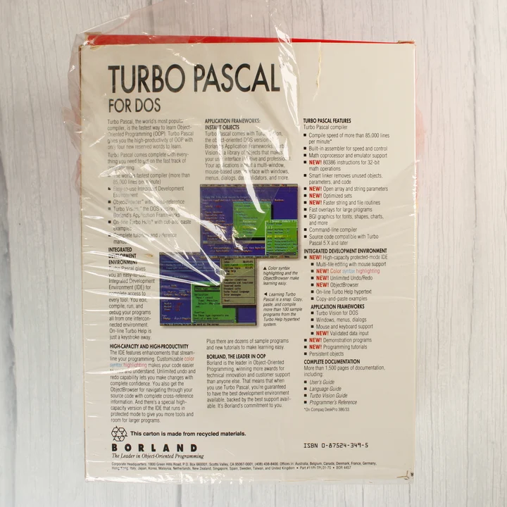 Turbo Pascal 7.0 doboz hátoldala leírással