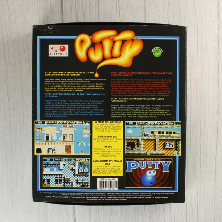 Putty Amiga doboz hátoldal A Putty videójáték dobozának hátoldala leírásokkal és képernyőfotókkal.
