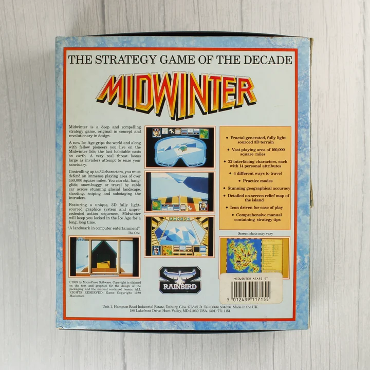 A Midwinter videójáték dobozának hátoldala leírással és képernyőképekkel