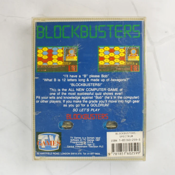 Blockbusters ZX Spectrum videójáték hátoldala leírással és képernyőfotókkal