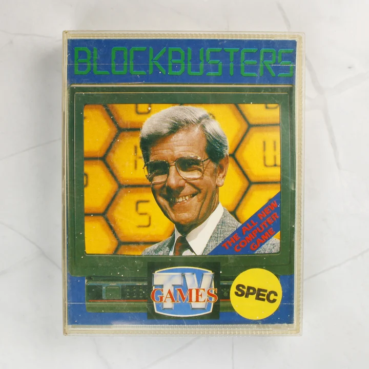Blockbusters ZX Spectrum videójáték előlapja a műsorvezető fotójával