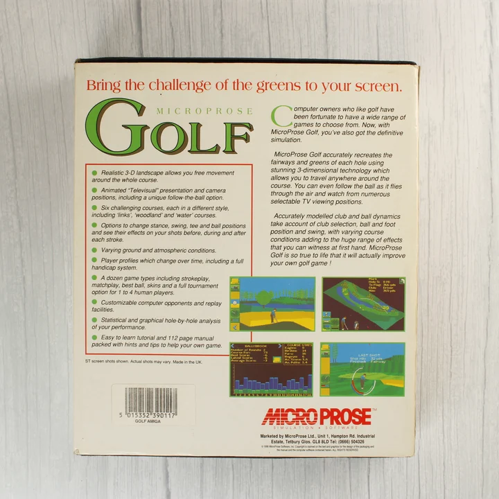 A MicroProse Golf játékdobozának hátoldala a játékmenet képeivel