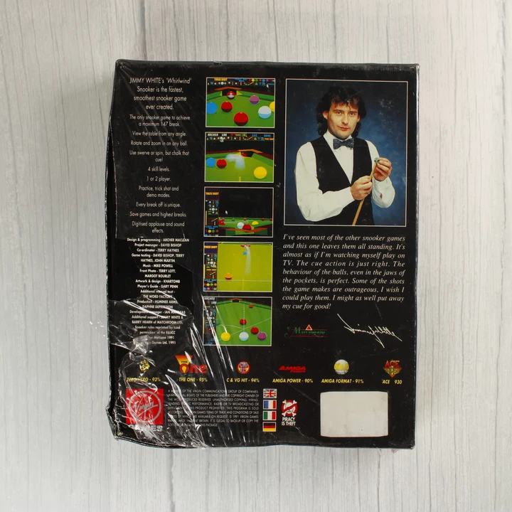 Jimmy White's Whirlwind Snooker Amiga játék dobozának hátoldala