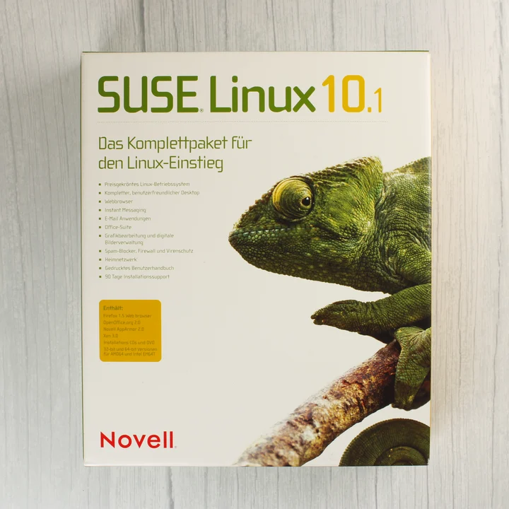 SUSE Linux 10.1 doboz elölnézet SUSE Linux 10.1 dobozának eleje kaméleonnal