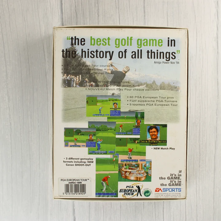 PGA European Tour Amiga játék dobozának hátulja