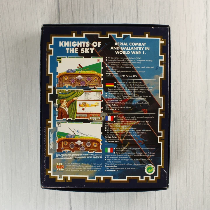 A Knights of the Sky dobozának hátoldala leírásokkal és képekkel