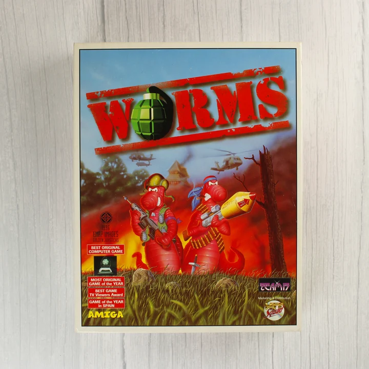 A Worms videójáték Amiga kiadásának elülső borítója