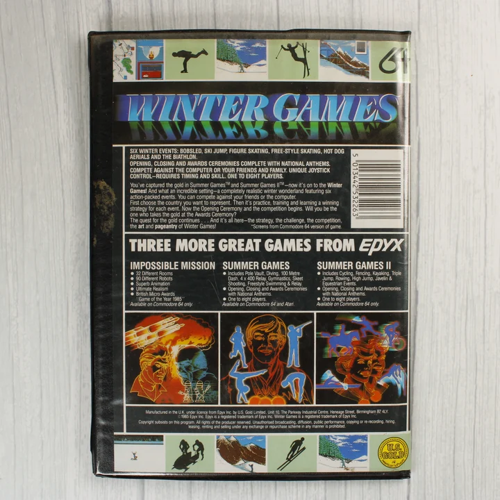 A Winter Games videójáték hátoldala leírással és vonalkóddal