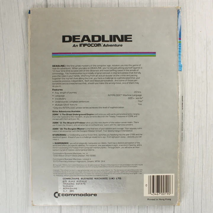 A Deadline videójáték hátoldala termékleírással és vonalkóddal