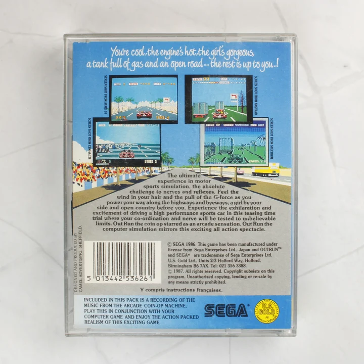 Az Out Run videójáték tokjának hátoldala a leírással és képernyőfotókkal