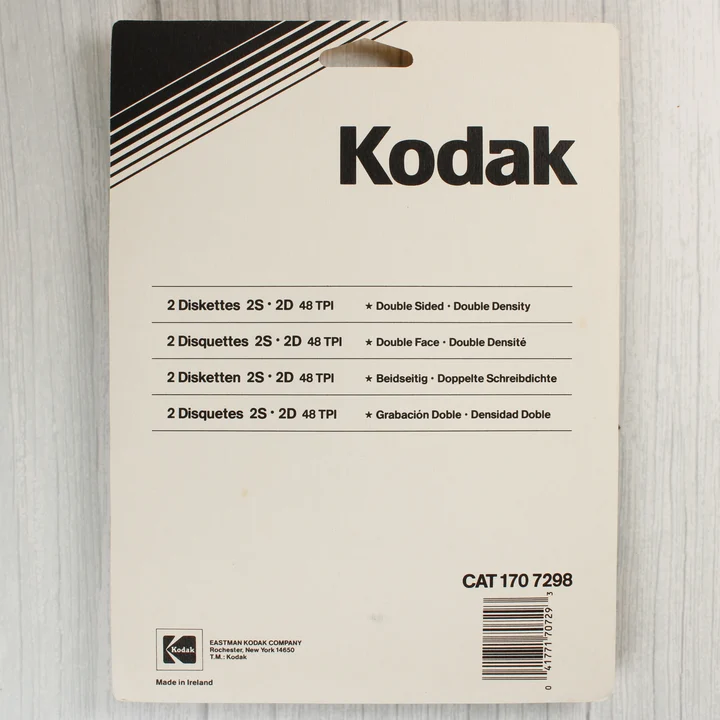 Kodak floppy lemez csomagolás hátoldala technikai adatokkal