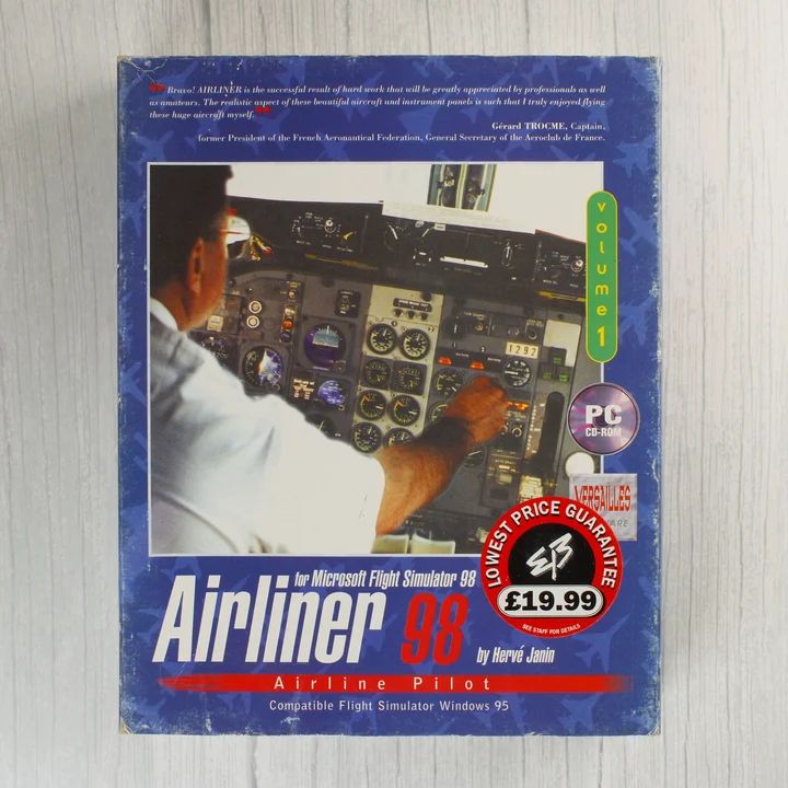 Airliner 98 PC szoftver dobozának előlapja pilótafülke fotóval