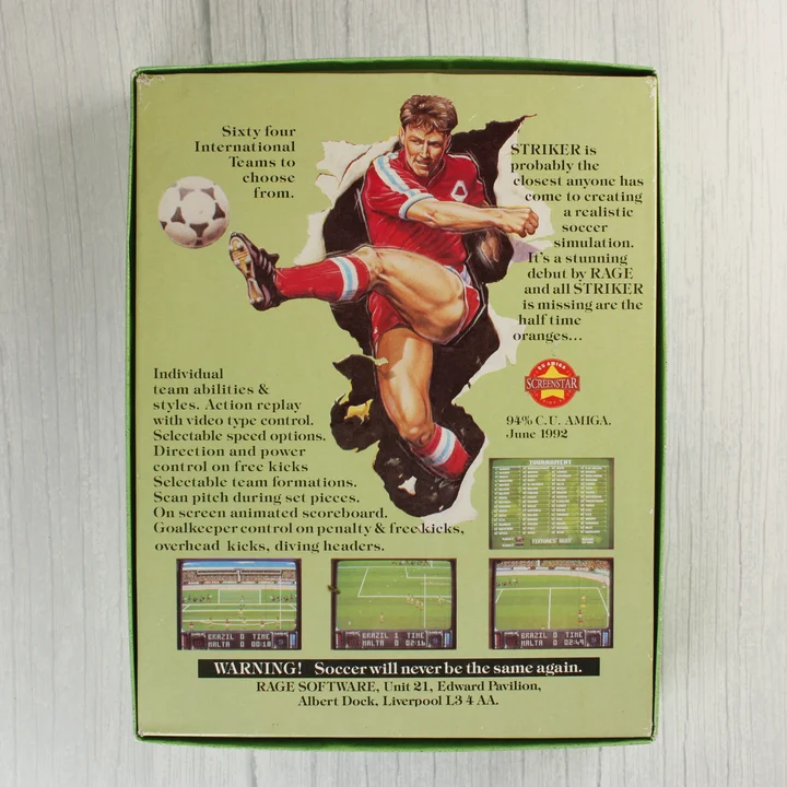 Striker doboz hátoldal A Striker játék dobozának hátoldala leírással és képernyőképekkel