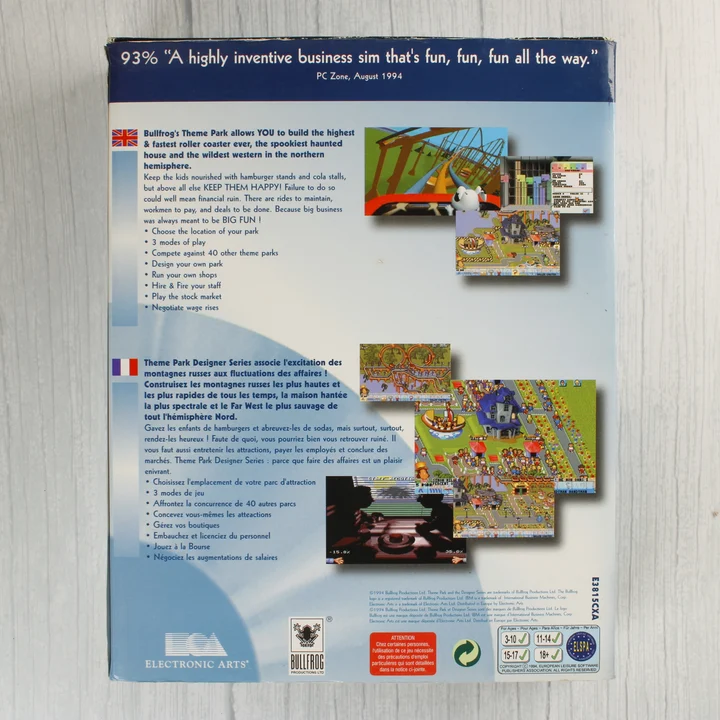 Theme Park PC játék dobozának hátoldala
