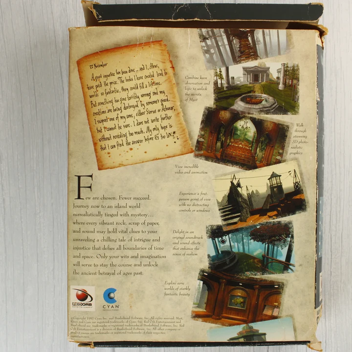Myst Limited Edition doboz hátoldal A Myst videójáték dobozának hátoldala játékmenet képekkel.