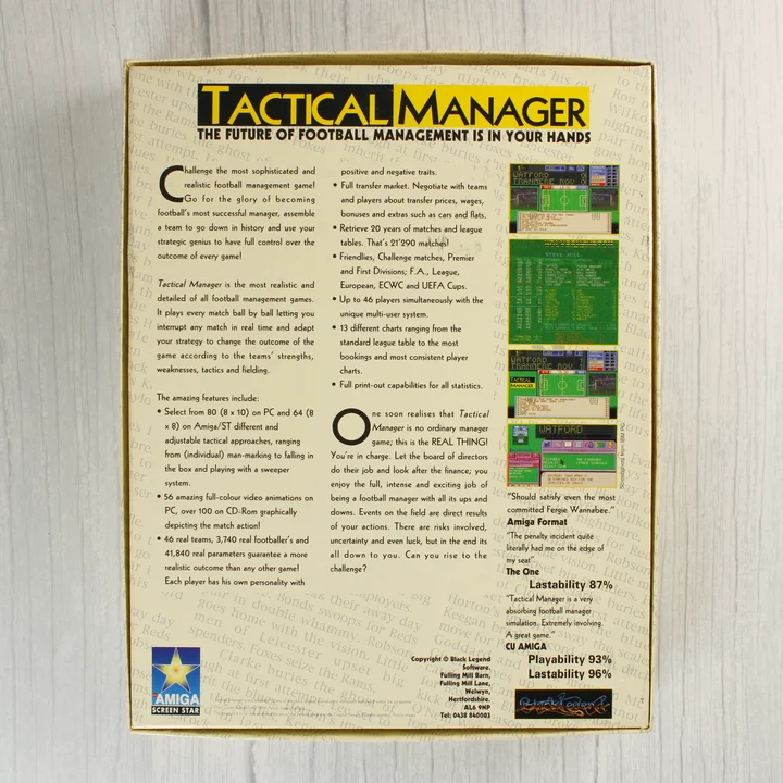 A Tactical Manager Amiga játék dobozának hátoldala leírásokkal és képernyőmentésekkel.