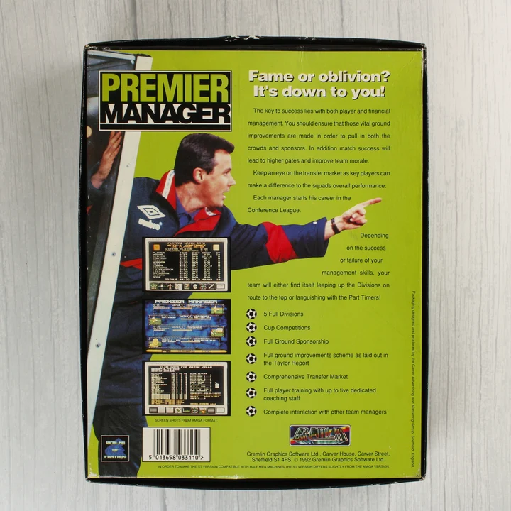 Premier Manager Amiga játék dobozának hátoldala