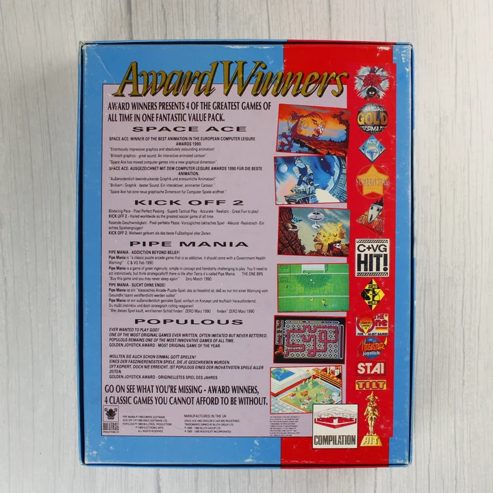 Award Winners Amiga játékgyűjtemény dobozának hátoldala