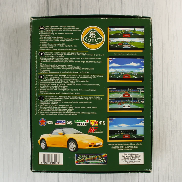 Lotus Turbo Challenge 2 Amiga játék dobozának hátoldala