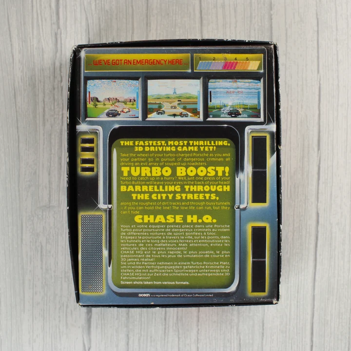 Chase H.Q. videójáték dobozának hátoldala képernyőmentésekkel