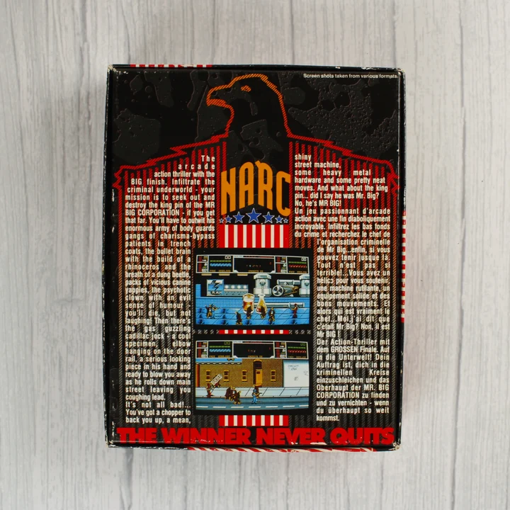 A NARC videójáték dobozának hátoldala leírásokkal és képernyőfotókkal.