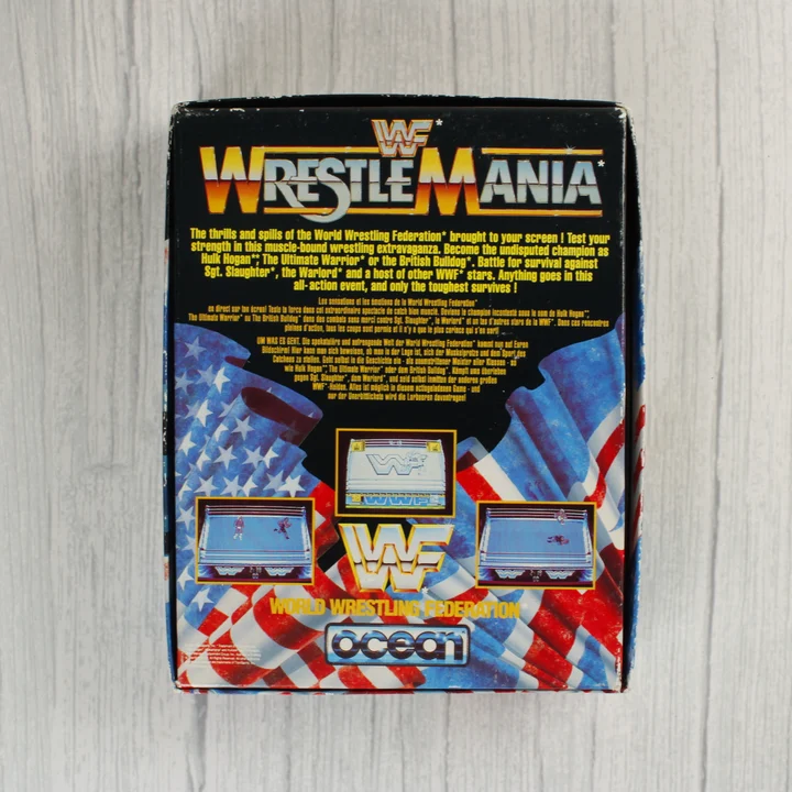 WWF WrestleMania Commodore 64 játék dobozának hátoldala