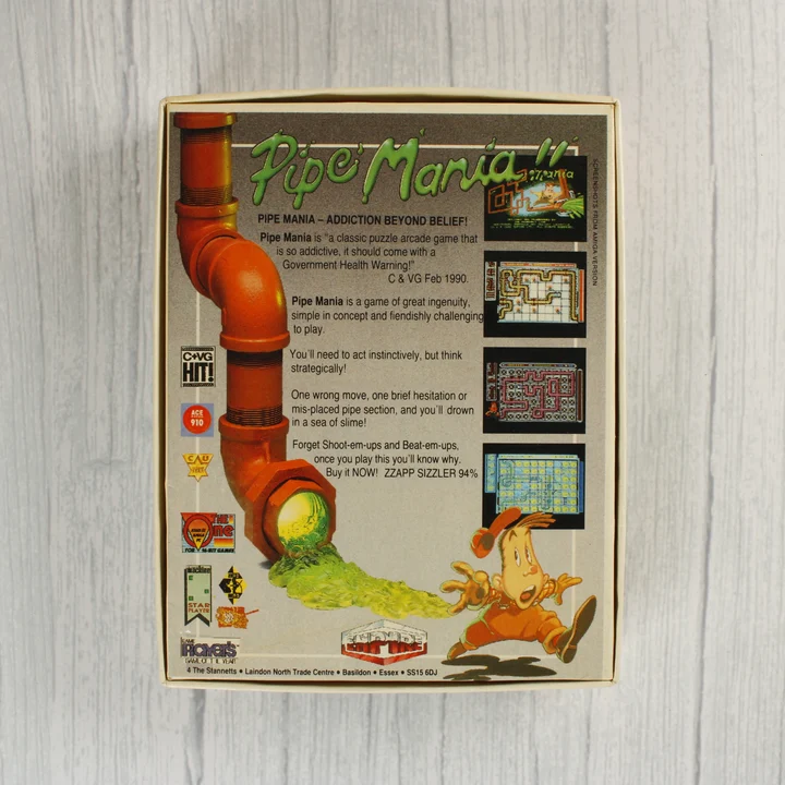 Pipe Mania Commodore 64 játék dobozának hátoldala