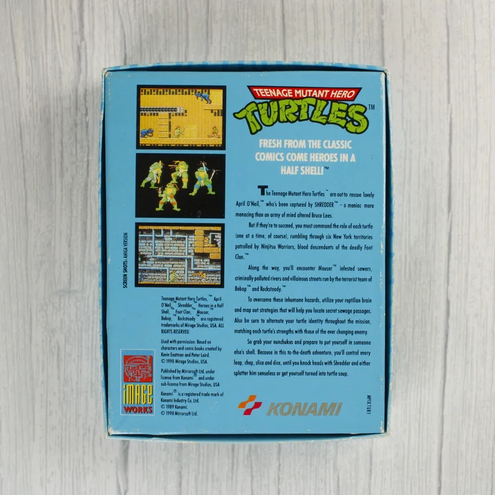 Teenage Mutant Hero Turtles C64 doboz hátlap Teenage Mutant Hero Turtles Commodore 64 játék dobozának hátoldala