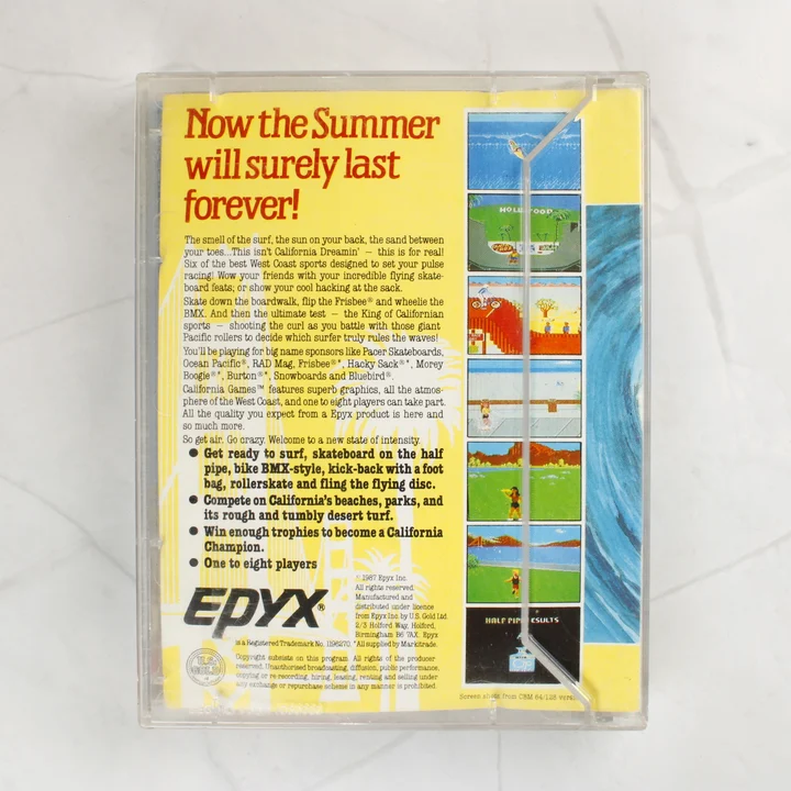 California Games C64 hátlap California Games Commodore 64 videójáték kazetta hátoldala