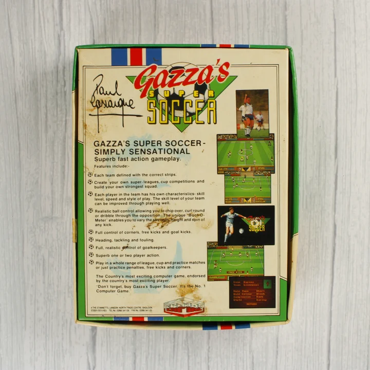 Gazza's Super Soccer hátoldal Gazza's Super Soccer Commodore 64 játék dobozának hátoldala