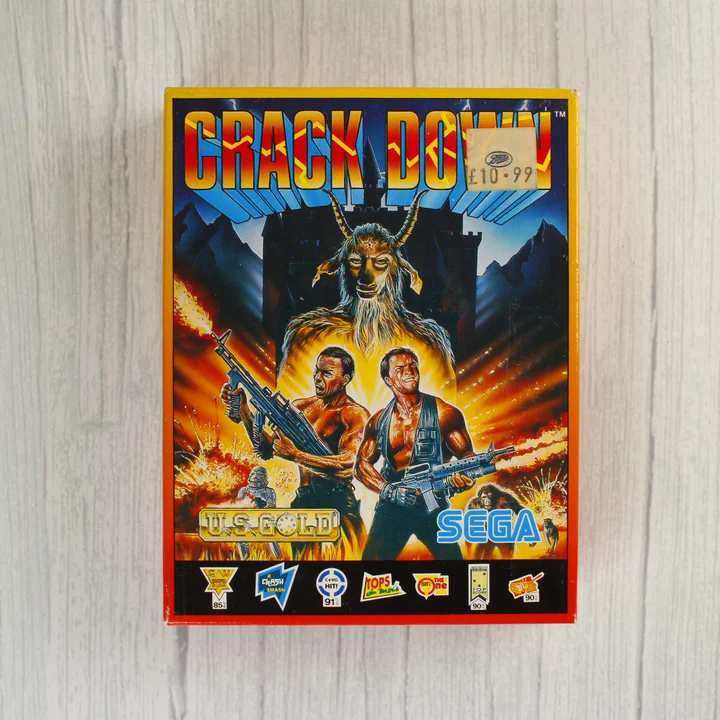 Crack Down C64 doboz elölnézet A Crack Down videójáték színes kartondoboza elölről
