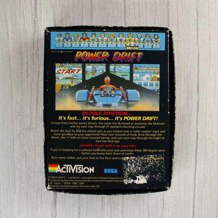 Power Drift C64 doboz hátlap Power Drift Commodore 64 videójáték dobozának hátoldala